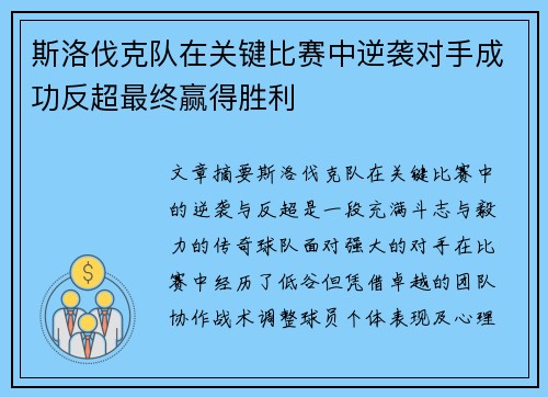 斯洛伐克队在关键比赛中逆袭对手成功反超最终赢得胜利