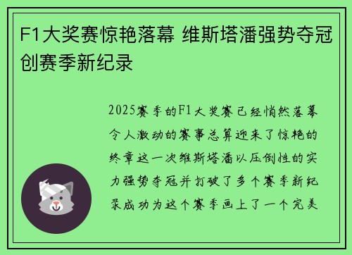 F1大奖赛惊艳落幕 维斯塔潘强势夺冠创赛季新纪录